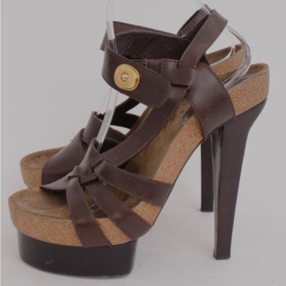 Balenciaga Dk Brown Leather/Cork Suede Stiletto Platform Heel 36 (US 5.5) - Picture 13 of 16